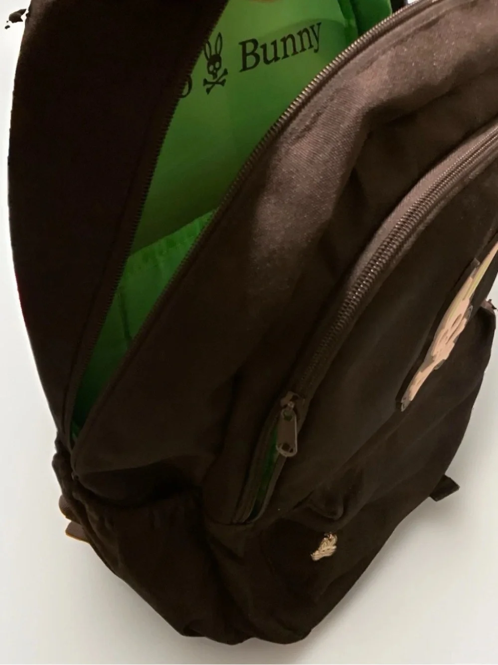 Psycho Bunny Black Backpack Green Lined Zip Skull Bunny Logo Padded Strap